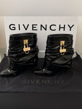 Givenchy Black Patent Ruched Ankle Boots with Gold Padlock Detail